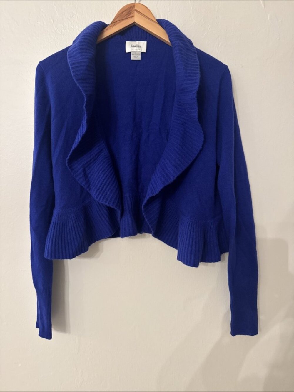 Neiman Marcus Womens Blue Ruffle Trim Cashmere Cropped Cardigan Large